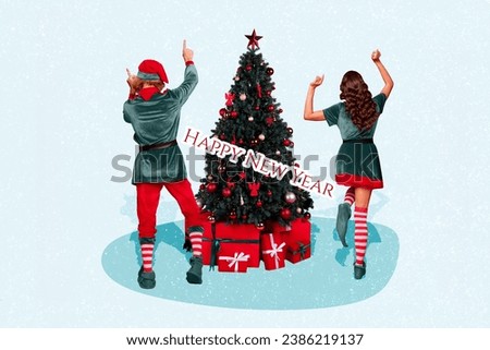 Photo cartoon comics sketch collage picture of happy funky santa claus helpers celebrating new year isolated blue color background