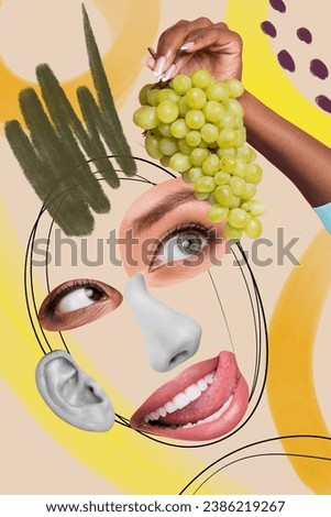 Photo cartoon sketch collage picture of face body pieces enjoying grape isolated creative background
