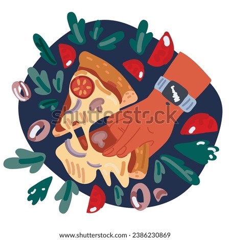 Cartoon vector illustration of Hand with triangle pizza slice. Fingers holding piece