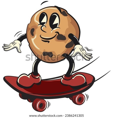 vintage mascot of choco chips cookie characters with funny faces riding a skateboard, isolated cartoon vector illustration. emoticon, cute vintage choco chips cookie mascot
