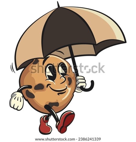 vintage mascot pair of choco chips cookie characters with funny faces walking with umbrella, isolated cartoon vector illustration. emoticon, cute vintage choco chips cookie mascot