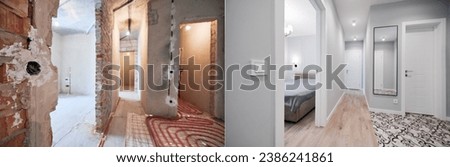 Photo collage of hallway and bedroom before and after refurbishment. Old apartment with underfloor heating pipes and new renovated flat with bed, doorway, elegant interior design. Focus on the switch.