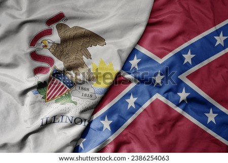 big waving colorful confederate jack flag and flag of illinois state . macro
