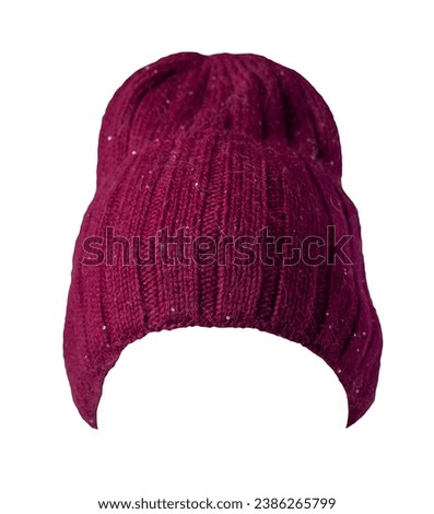 burgundy hat isolated on white background .knitted hat . Royalty-Free Stock Photo #2386265799