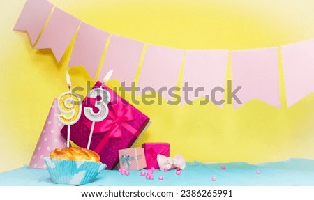 Date of birth with cake and number  93. Colorful card happy birthday for a girl. Copy space. Anniversary card pink. Congratulations on the decorations are beautiful. Royalty-Free Stock Photo #2386265991