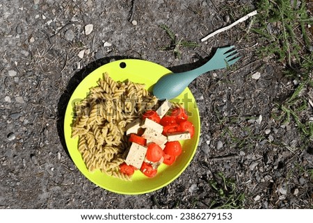 Vegetarian lunch in nature. Plate with pasta, tomatoes and tofu. Generic camping photo.