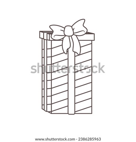 Vector Illustration of Gift box with ribbon and tied bow. Isolated object in outline style. Element of Christmas, Happy New Year, Birthday and other festive events