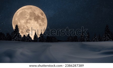 Amazing beautiful big moon in the night sky with stars and winter forest with snow. Winter holidays and night landscape.Christmas night
