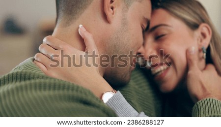 Home, funny and couple with happiness, love and peace with marriage, relationship and bonding together. Cheerful people, romance and man with woman, hug and humor with support, relax and commitment Royalty-Free Stock Photo #2386288127