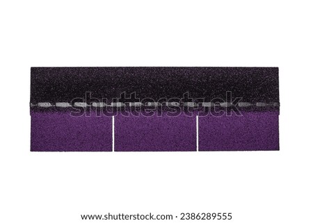 Purple shingles bitumen roofing cover sheets isolated on white background. Realistic shingles for roof covering.  Construction material.