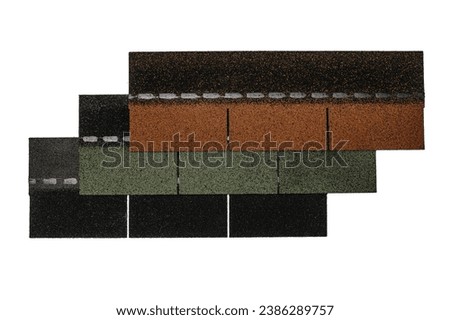 Shingles bitumen roofing cover sheets isolated on white background. Realistic shingles for roof covering.  Construction material.