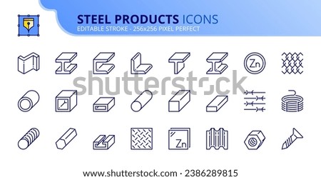 Line icons steel products. Contains such icons as rolled steel, metal beams, rods, wire and pipes. Editable stroke. Vector 256x256 pixel perfect.