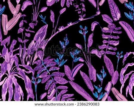 Simple Tropical Clean Seamless Pattern. Violet Purple Hand Drawn Hawaii Forest Illustration. Floral Creative Summer Print. Exotic Swimwear Foliage Background. Naive Doodle Jungle Design.