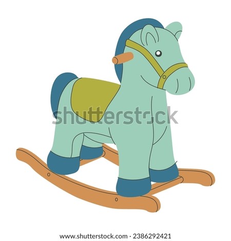 Baby toy flat vector illustration. Blue rocking horse isolated on white background. Old fashioned colorful child toy. Nursery and playroom interior element. Traditional children play.
