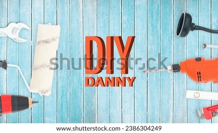 Illustration of diy danny text with various work tools on blue table, copy space. Vector, marketing, business, card, advertise, template, design, creative concept.