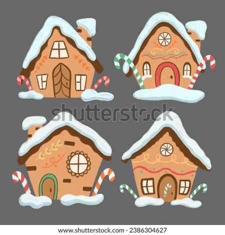 Watercolor christmas gingerbread house on a transparent background, winter illustration. Beautiful christmas clip art composition with hand drawn watercolor cute gingerbread house with snow fir trees.