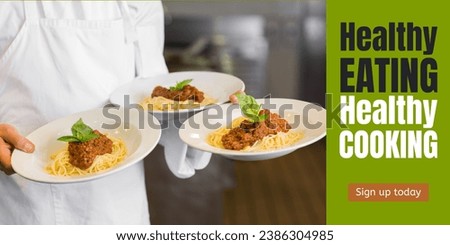 Healthy eating healthy cooking, sign up today, midsection of caucasian chef holding food in plates. Composite, marketing, business, card, advertise, template, design, creative concept.