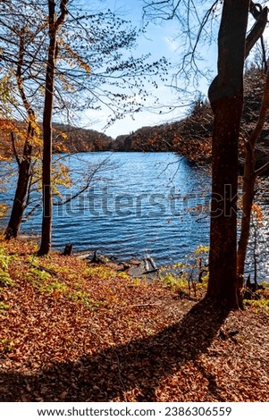 Beautiful autumn nature of the natural lake of the volcanic area