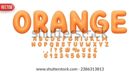 Font realistic 3d design, orange colors. Complete alphabet and numbers from 0 to 9. Collection Glossy letters in cartoon style. Fonts voluminous inflated from balloon. Vector illustration