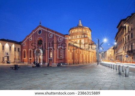 Santa Maria delle Grazie in Milan, Italy at blue hour. Royalty-Free Stock Photo #2386315889