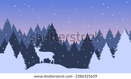 Winter landscape vector illustration. Winter silhouette with reindeer and pine forest in the snow hill. Silhouette of cold season for background, wallpaper or landing page
