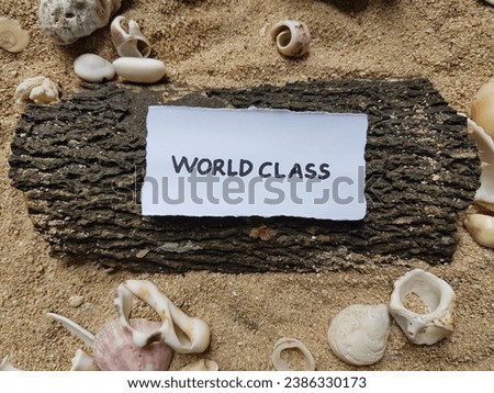 World class writing on beach background.