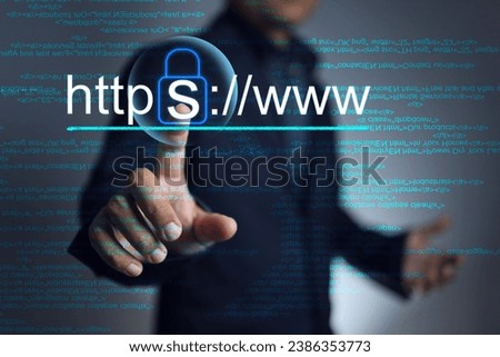 The programmer hand pointing on https www to choosing a domain type  more secure adding S to increase security encrypted communication protocol using Asymmetric Algorithm