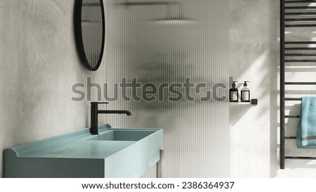 Turquoise resin vanity counter top, black faucet, reeded glass partition in sunlight shadow on marble for luxury beauty, cosmetic, skincare, body care background 3D Royalty-Free Stock Photo #2386364937