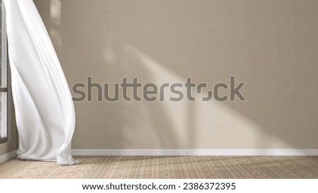 Beautiful sunlight, blowing white sheer curtain from open window on blank beige brown wall, carpet floor for interior design decoration, air flow ventilation home product background 3D Royalty-Free Stock Photo #2386372395