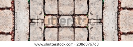 Abstract Grungy Symmetrical Vintage Weathered Distressed Brick Wall. Caste of Tower Surface. Wide Web Banner Backdrop or Background. Panoramic Natural Stone