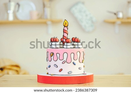 beautiful cake made in cartoon style with a candle and cherries in a bright