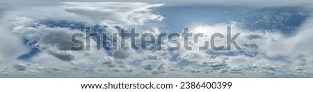 overcast blue sky with cumulus clouds as seamless hdri 360 panorama with zenith in spherical equirectangular projection may use for sky dome replacement in 3d graphics and edit drone shot Royalty-Free Stock Photo #2386400399