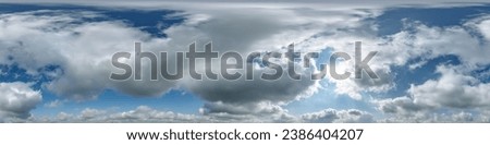 seamless cloudy blue skydome 360 hdri panorama view with awesome clouds with zenith for use in 3d graphics or game as sky dome or edit drone shot Royalty-Free Stock Photo #2386404207