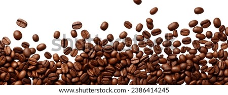 Roasted scattered coffee beans flat lay top view on white background cutout file. Mockup template for artwork. Wallpaper banner Royalty-Free Stock Photo #2386414245