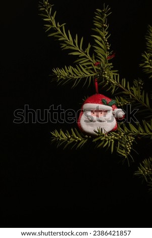 christmas background, christmas tree decoration hanging on christmas tree branch, santa claus on christmas tree, background with place for text,Decorated

