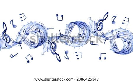 Musical note watercolor illustration. Treble clef and notes isolated on white background. Seamless border of musical wave, signs hand drawn. Musical symbols hand painted. Design element for flyer
