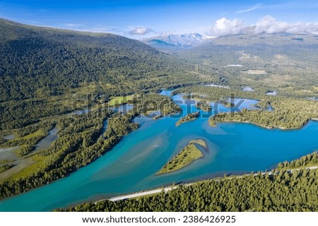 Aerial view above the beautiful Turquoise lakes in Norway