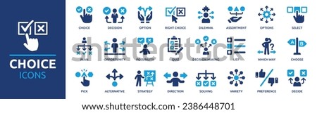 Choice icon set. Containing decision, option, selection, dilemma, select, preference, quiz, opportunity and more. Vector solid icons collection. Royalty-Free Stock Photo #2386448701
