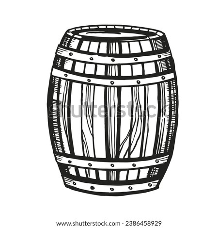 Hand drawn vector sketch of wooden barrel for wine, beer, whiskey, black and white illustration of textured wood oak keg, inked illustration isolated on white background