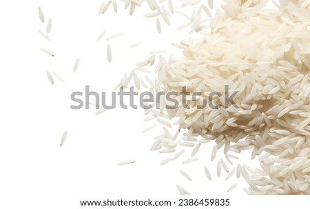 White jasmine rice scattered, top flat lay view on white background cutout file. Mockup template for artwork design. Wallpaper banner Royalty-Free Stock Photo #2386459835