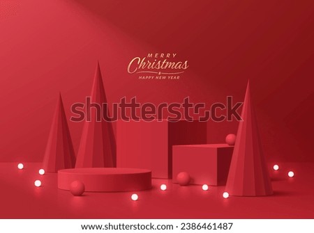 Realistic 3d red cylinder podium pedestal set with red christmas tree and neon lighting balls. Merry christmas product display mockup presentation. Stage showcase. Platforms vector geometric design.