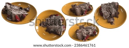 Set of Chocolate Birthday Cake in a plate with various angle isolated on white background