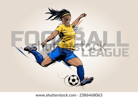 Woman Soccer Player Kicking Football. A Woman playing soccer Hand drawn illustration. Female Player in yellow Jersey playing football on the field banner.