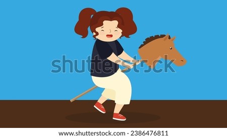 Girl riding a horse. Vector illustration in flat cartoon style on blue background.
