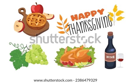 Thanksgiving vector set. Vector set of autumn elements with roasted turkey, pumpkin, corn, wine, pie. Happy thanksgiving day. Harvest festival. Autumn set. Flat vector in cartoon style isolated.
