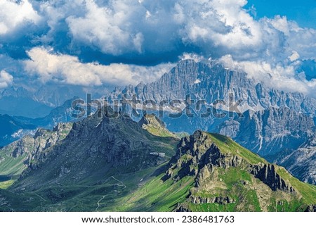Beautiful mountains in Canazei Val di Fassa Trentino, Italy Royalty-Free Stock Photo #2386481763