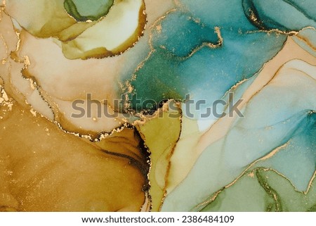 Natural  luxury abstract fluid art painting in alcohol ink technique. Tender and dreamy  wallpaper. Mixture of colors creating transparent waves and golden swirls. For posters, other printed materials Royalty-Free Stock Photo #2386484109