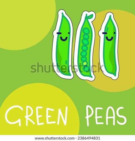 Cartoon cute kawaii green peas with face. Funny vector illustration of happy vegetable. Childish style design for positive poster, t-shirt, card, wall print, book Royalty-Free Stock Photo #2386494831