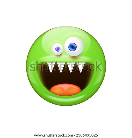 Green Smiling Face with monster mouth and eyes isolated on white background. Green monster smiley face character with white vampire teeth. Halloween day concept illustration, sticker, print and icon