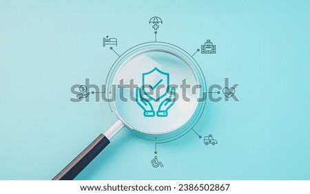 Health insurance concept, Health care checkup, Access to welfare health, Wellness and medical, Magnifying glass and healthcare insurance icon on pastel blue background, World health day